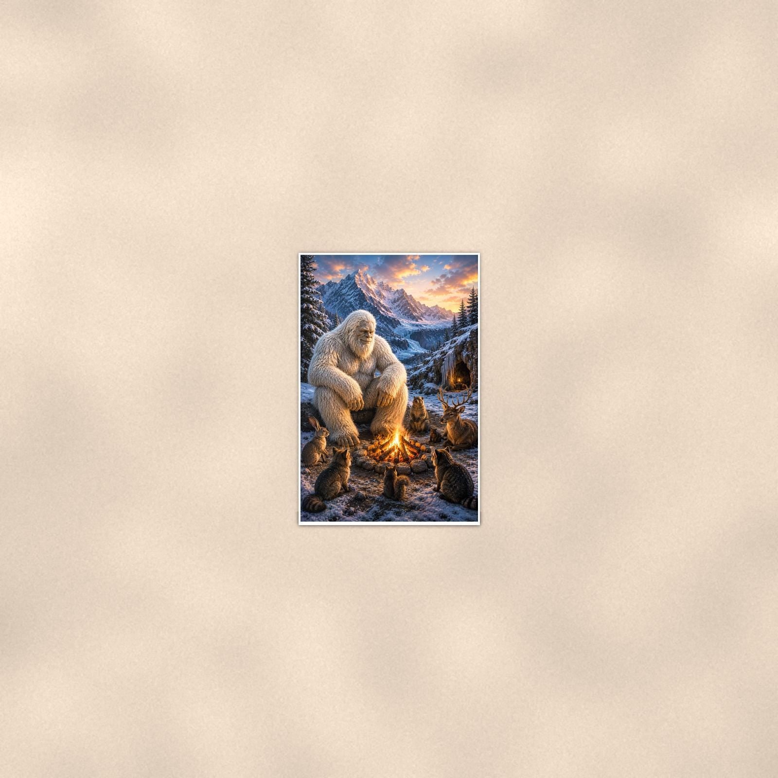 Campfire Cats Yeti — 24x36 in art print poster, premium luster paper with a white border; poster seen from further back, at true 24x36 in scale on a warm wall.