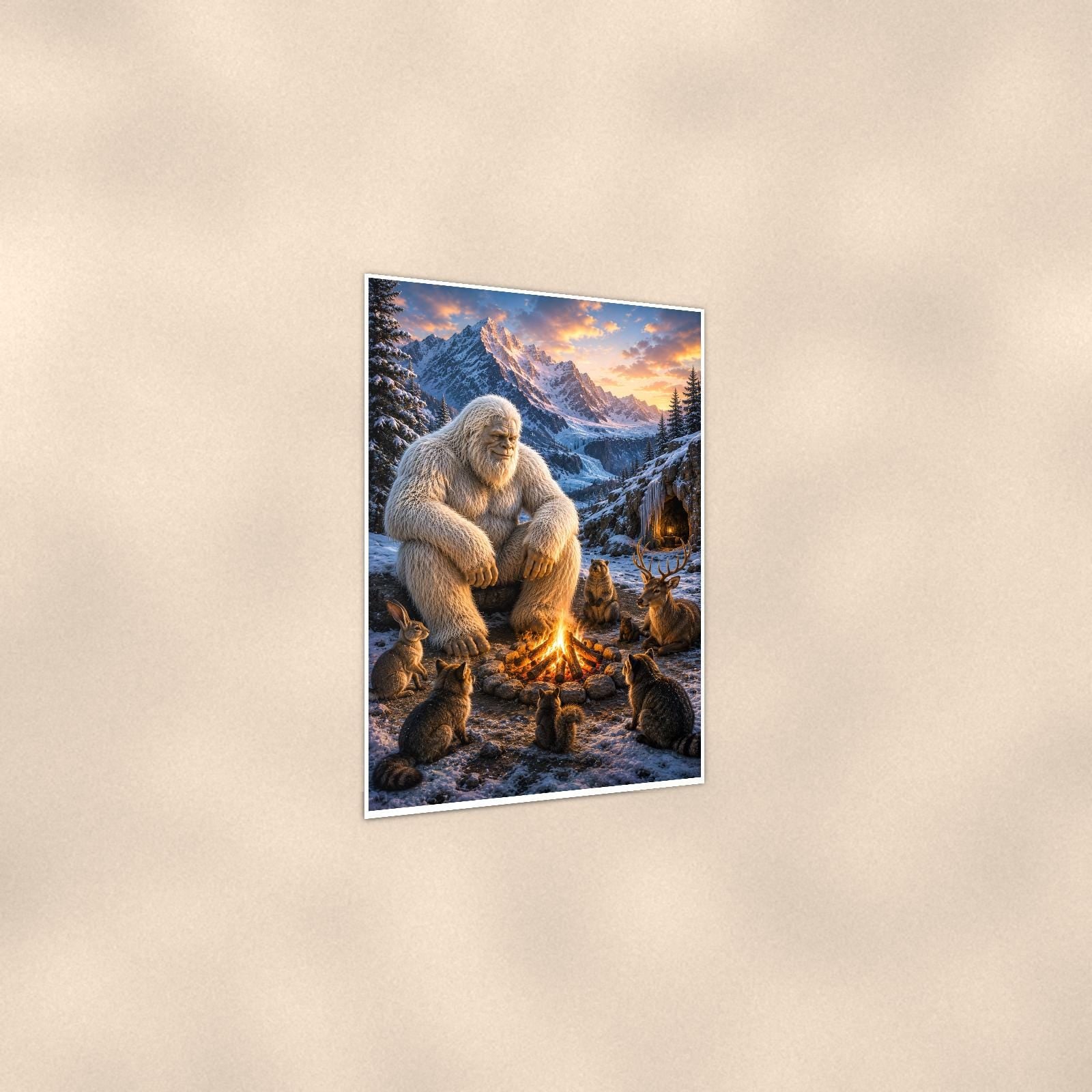 Campfire Cats Yeti — 24x36 in art print poster, premium luster paper with a white border; gentle three-quarter angle on a warm wall, showing the flat paper edge.