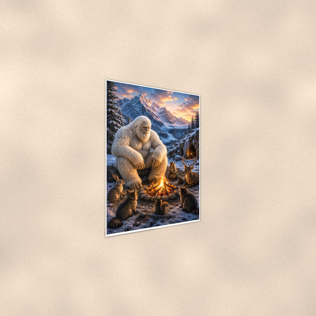 Campfire Cats Yeti — 24x36 in art print poster, premium luster paper with a white border; steeper three-quarter angle on a warm wall, catching the luster sheen.