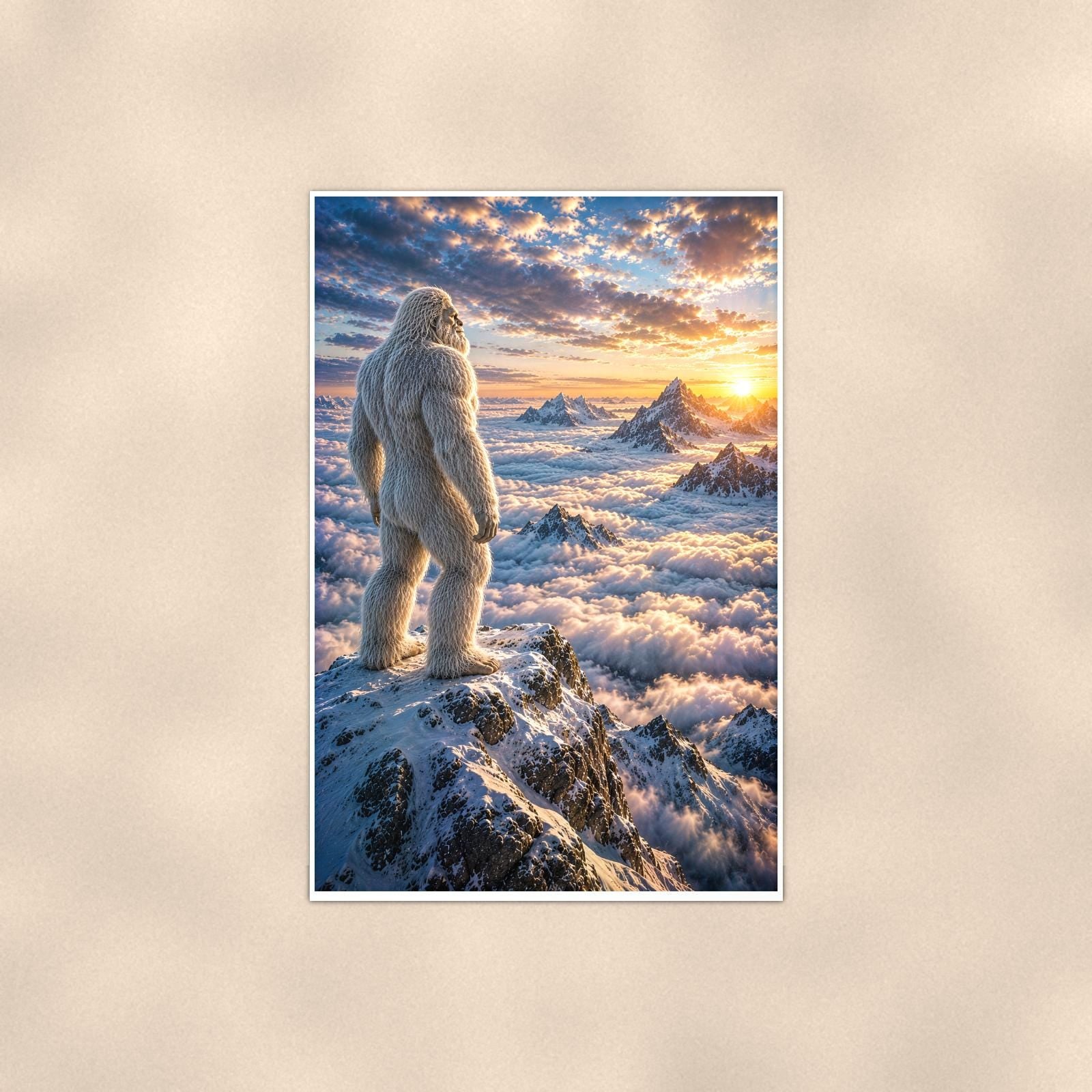 Ridge Sunset Yeti — 24x36 in art print poster, premium luster paper with a white border; poster shown straight on against a warm wall.