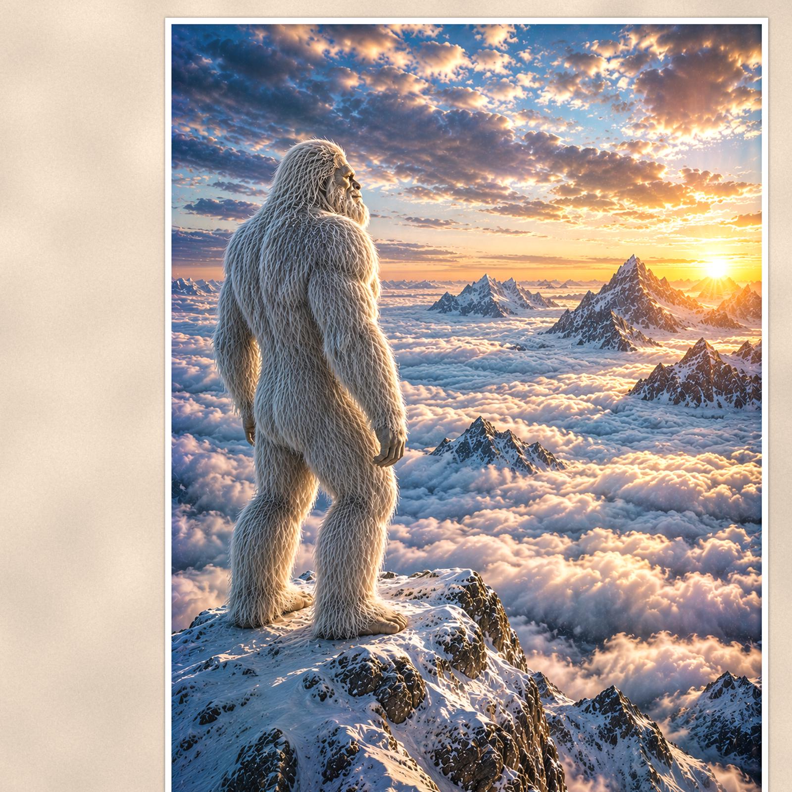 Ridge Sunset Yeti — 24x36 in art print poster, premium luster paper with a white border; close-up framed on the main subject of the artwork, paper surface visible.