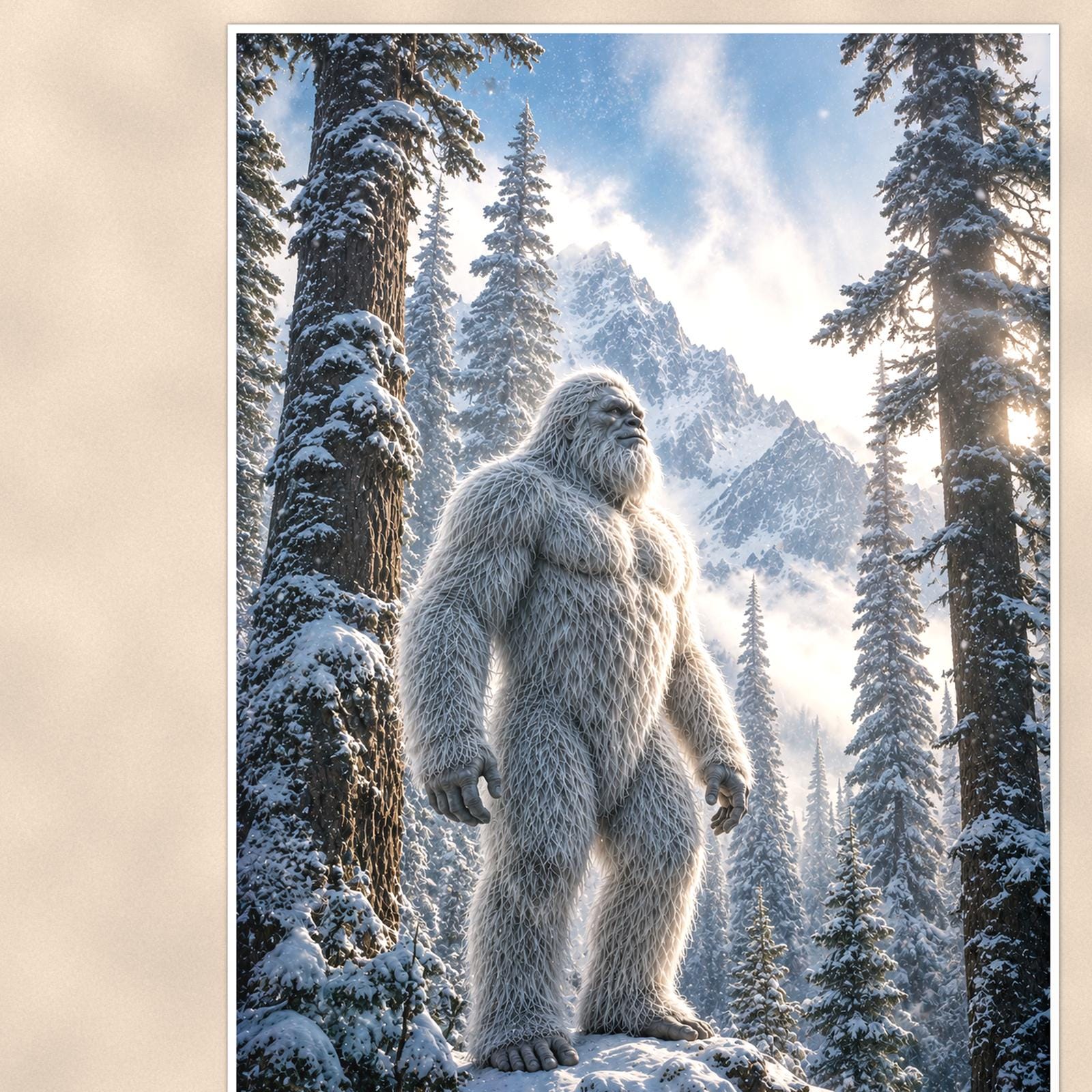 Sunburst Forest Yeti — 24x36 in art print poster, premium luster paper with a white border; close-up framed on the main subject of the artwork, paper surface visible.