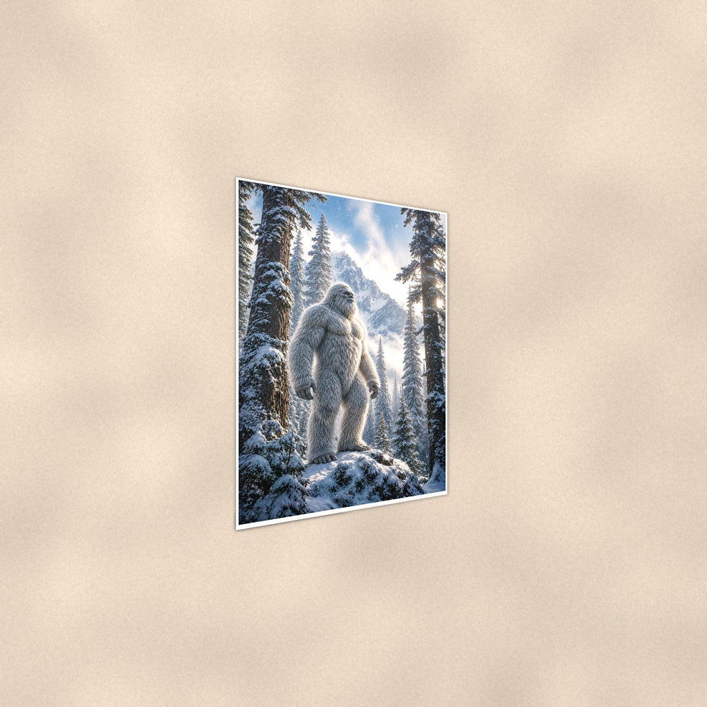 Sunburst Forest Yeti — 24x36 in art print poster, premium luster paper with a white border; steeper three-quarter angle on a warm wall, catching the luster sheen.