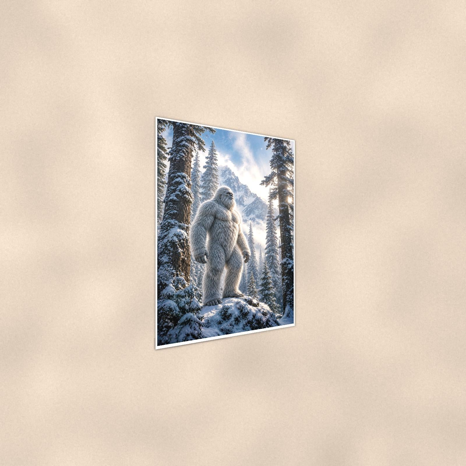 Sunburst Forest Yeti — 24x36 in art print poster, premium luster paper with a white border; steeper three-quarter angle on a warm wall, catching the luster sheen.