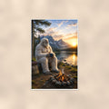 Lakeside Coffee Yeti — 24x36 in art print poster, premium luster paper with a white border; poster shown straight on against a warm wall.