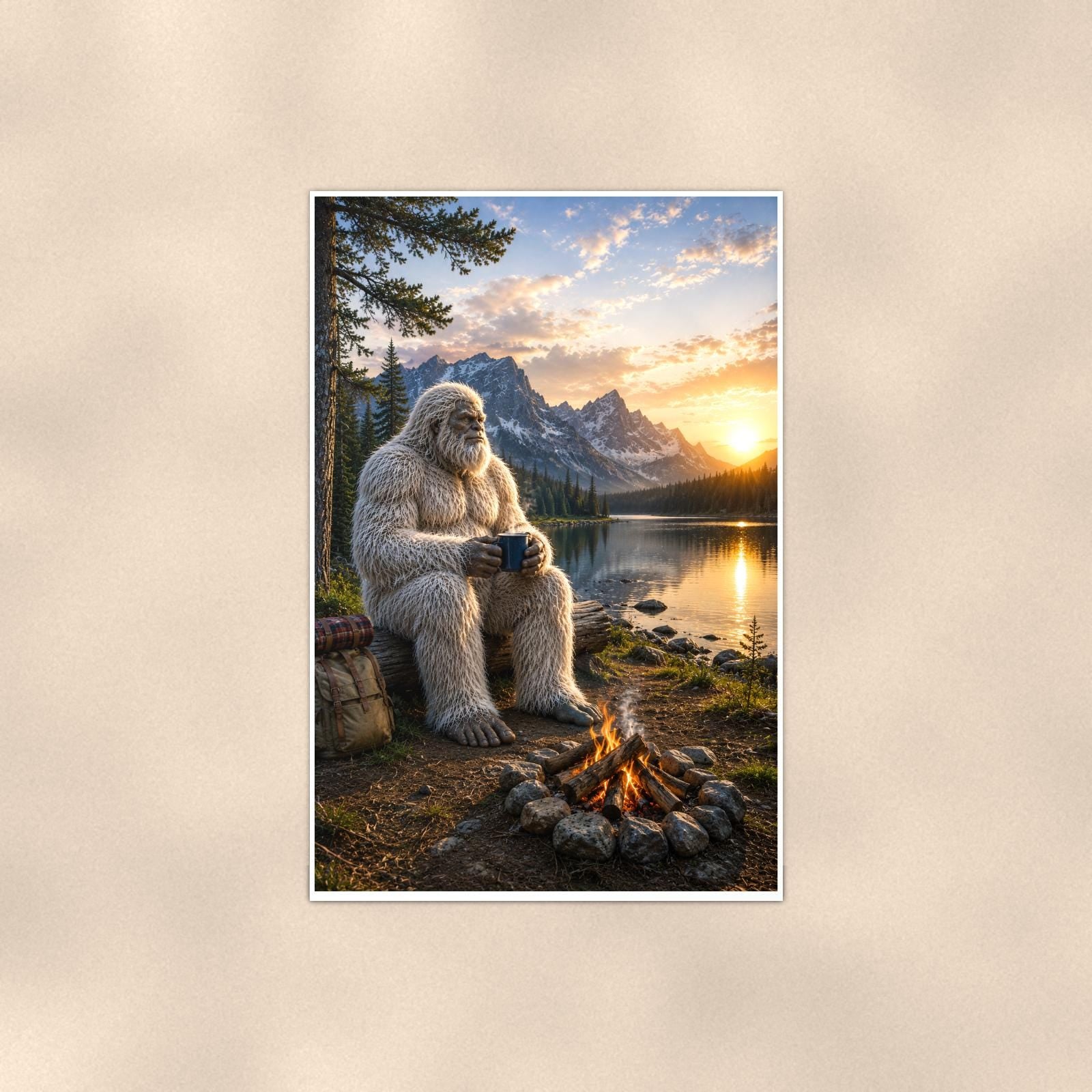 Lakeside Coffee Yeti — 24x36 in art print poster, premium luster paper with a white border; poster shown straight on against a warm wall.