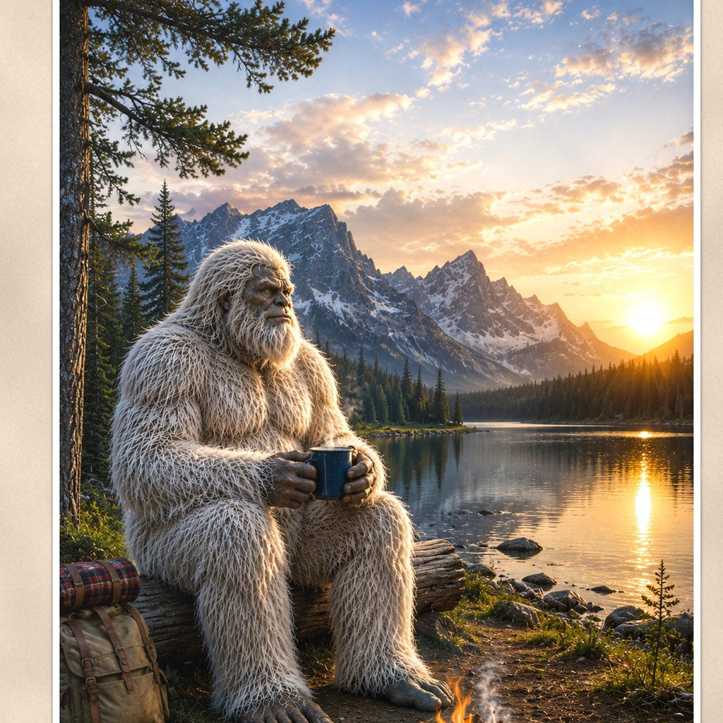 Lakeside Coffee Yeti — 24x36 in art print poster, premium luster paper with a white border; close-up framed on the main subject of the artwork, paper surface visible.