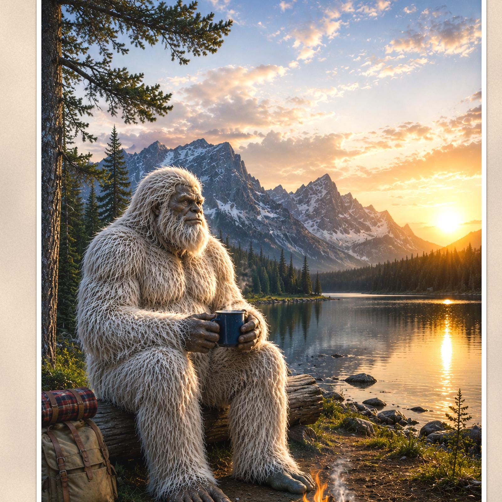 Lakeside Coffee Yeti — 24x36 in art print poster, premium luster paper with a white border; close-up framed on the main subject of the artwork, paper surface visible.