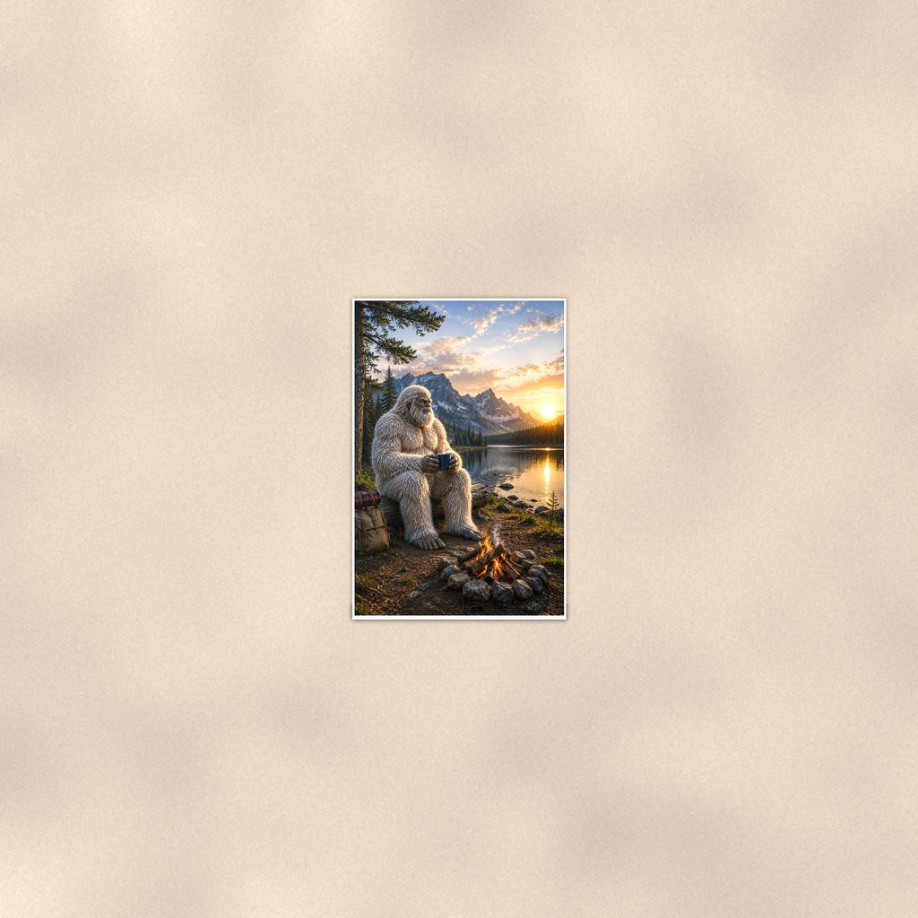 Lakeside Coffee Yeti — 24x36 in art print poster, premium luster paper with a white border; poster seen from further back, at true 24x36 in scale on a warm wall.