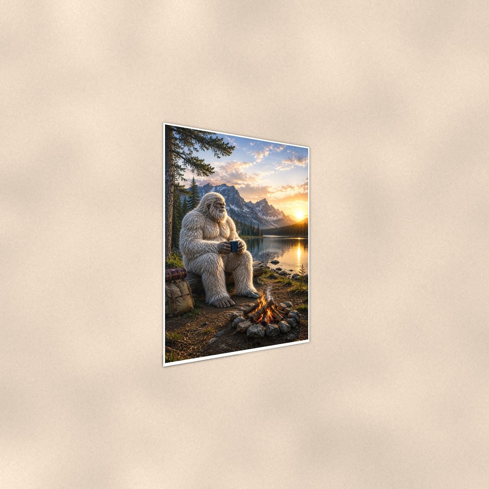 Lakeside Coffee Yeti — 24x36 in art print poster, premium luster paper with a white border; steeper three-quarter angle on a warm wall, catching the luster sheen.