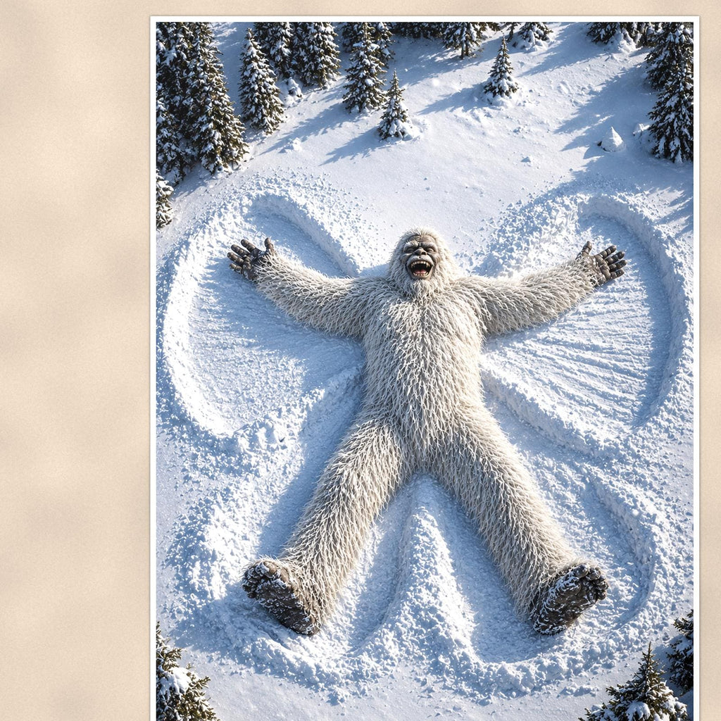Snow Angel Yeti — 24x36 in art print poster, premium luster paper with a white border; close-up framed on the main subject of the artwork, paper surface visible.
