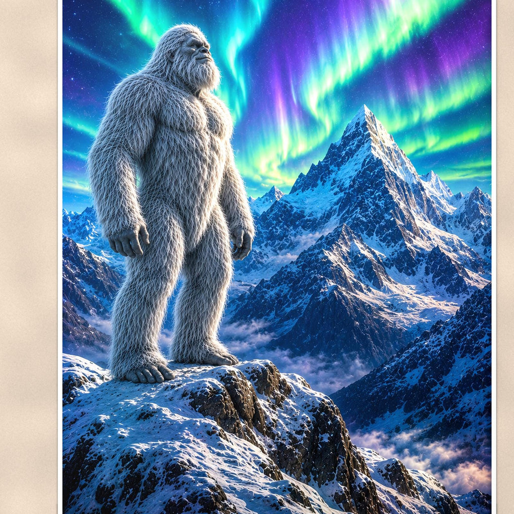 Aurora Mountain Yeti — 24x36 in art print poster, premium luster paper with a white border; close-up framed on the main subject of the artwork, paper surface visible.