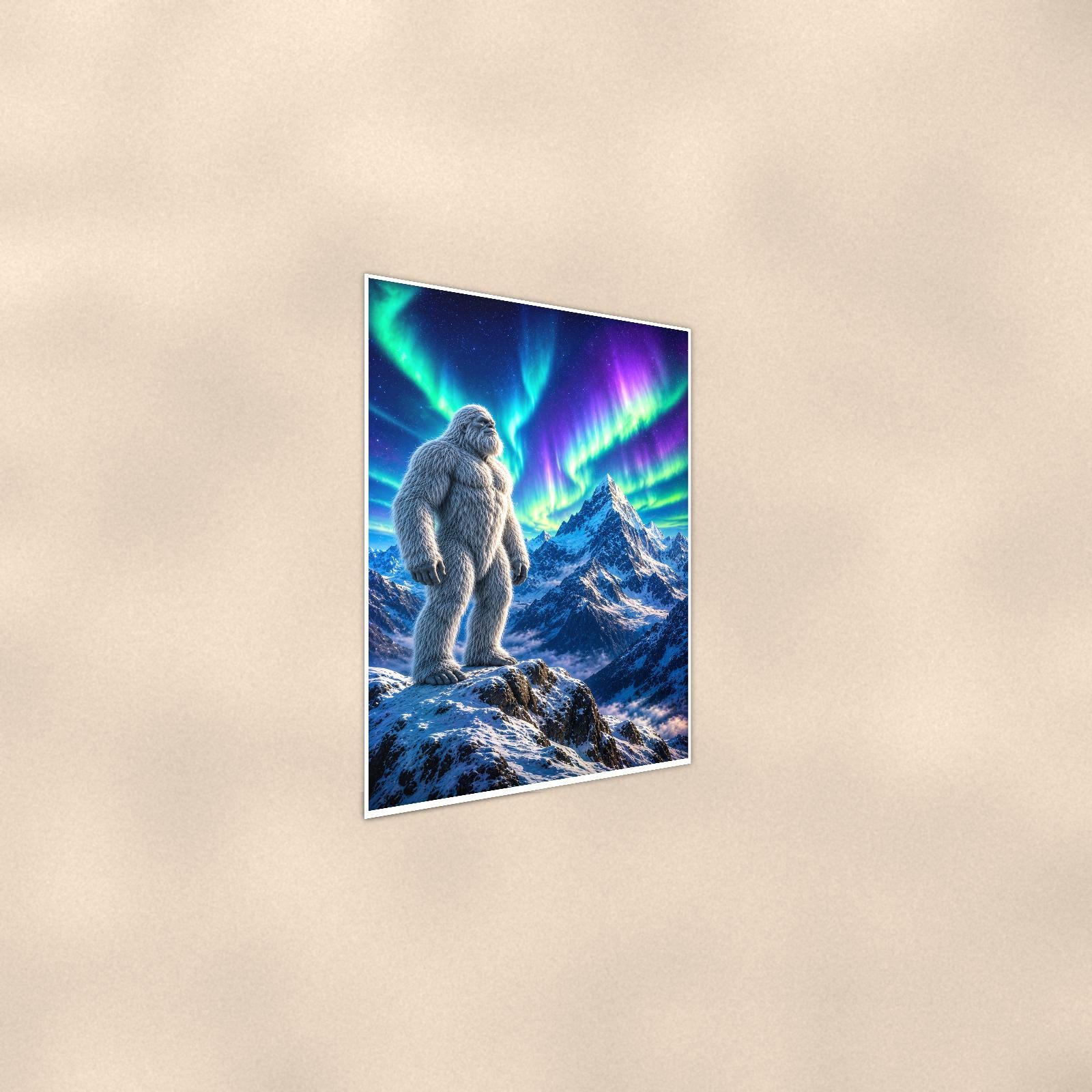 Aurora Mountain Yeti — 24x36 in art print poster, premium luster paper with a white border; steeper three-quarter angle on a warm wall, catching the luster sheen.