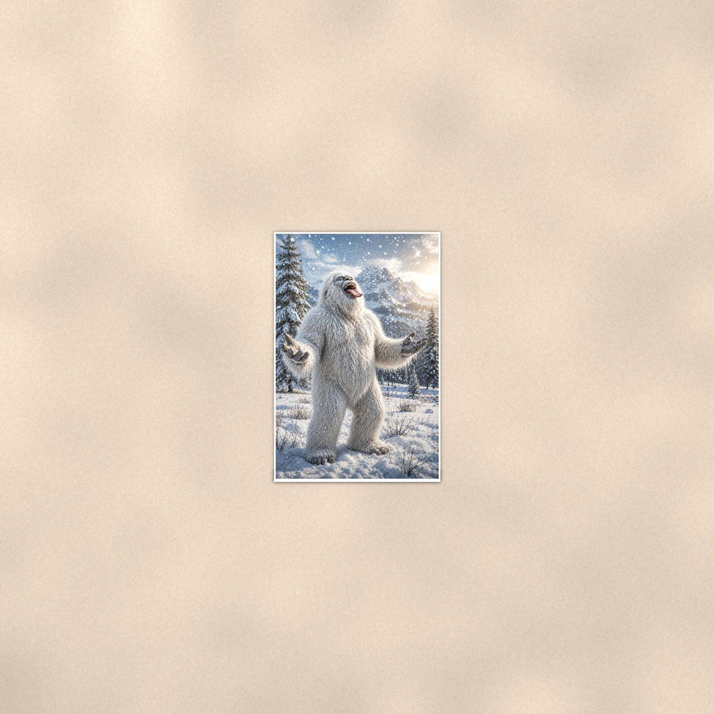 Laughing Yeti — 24x36 in art print poster, premium luster paper with a white border; poster seen from further back, at true 24x36 in scale on a warm wall.