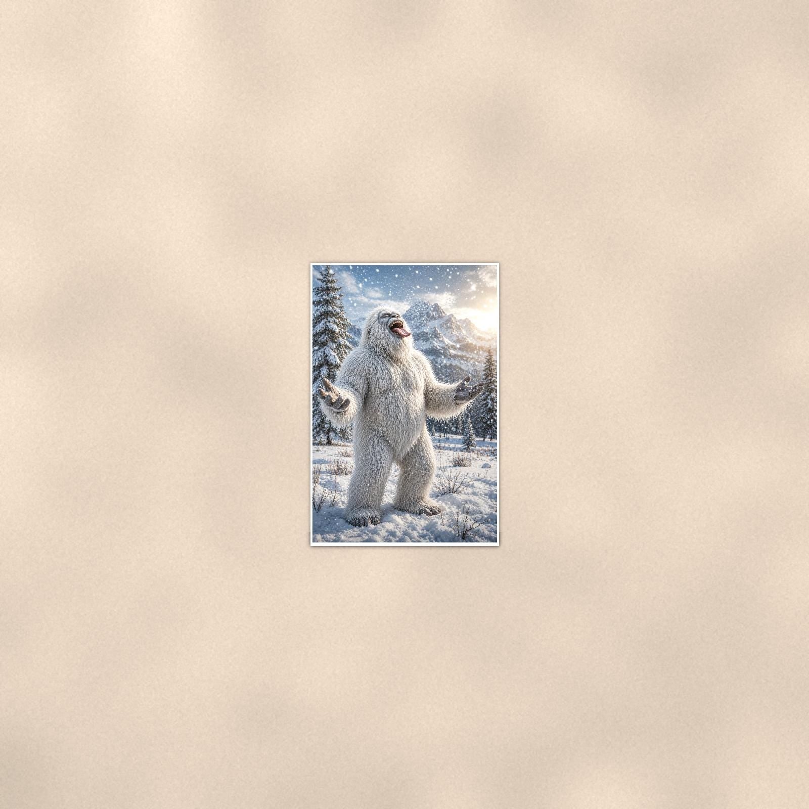 Laughing Yeti — 24x36 in art print poster, premium luster paper with a white border; poster seen from further back, at true 24x36 in scale on a warm wall.