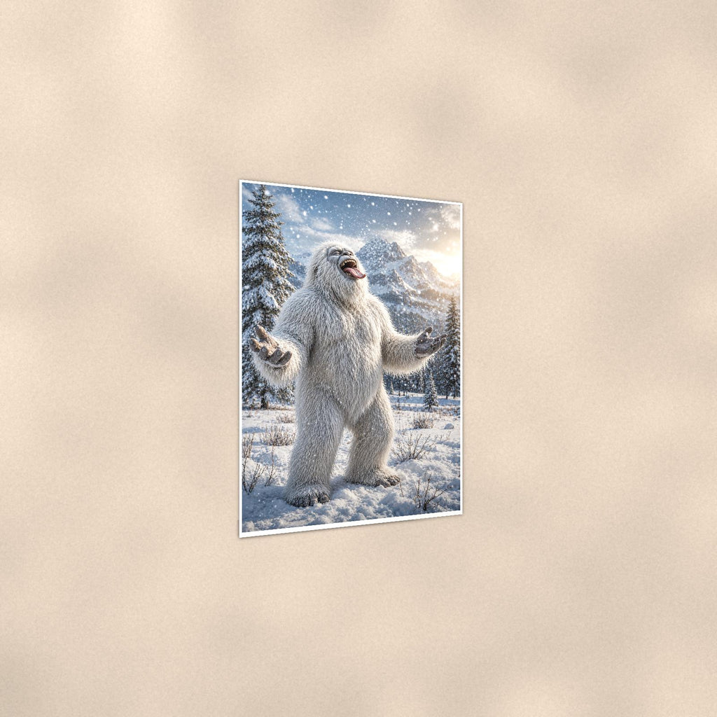 Laughing Yeti — 24x36 in art print poster, premium luster paper with a white border; gentle three-quarter angle on a warm wall, showing the flat paper edge.