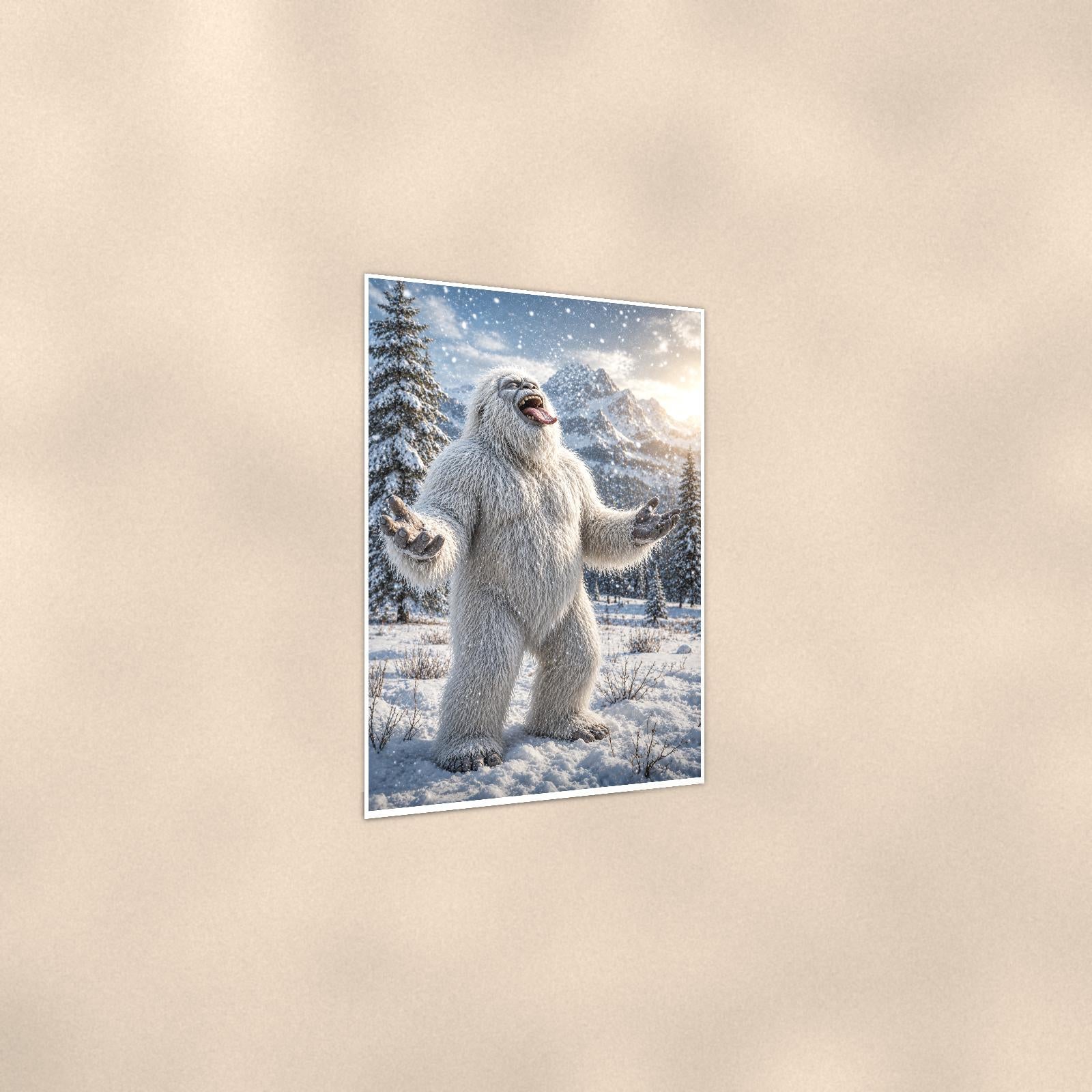 Laughing Yeti — 24x36 in art print poster, premium luster paper with a white border; gentle three-quarter angle on a warm wall, showing the flat paper edge.