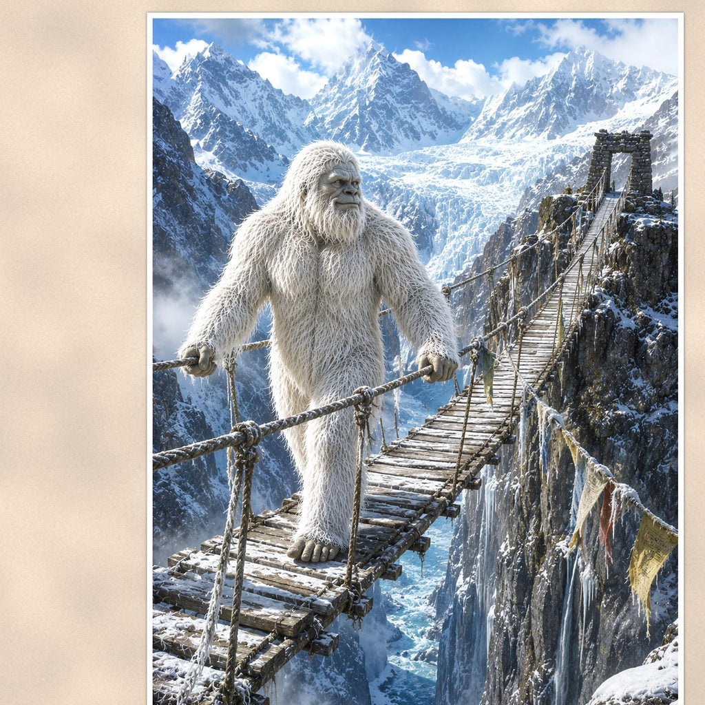 Rope Bridge Yeti — 24x36 in art print poster, premium luster paper with a white border; close-up framed on the main subject of the artwork, paper surface visible.