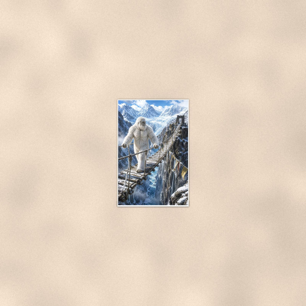 Rope Bridge Yeti — 24x36 in art print poster, premium luster paper with a white border; poster seen from further back, at true 24x36 in scale on a warm wall.