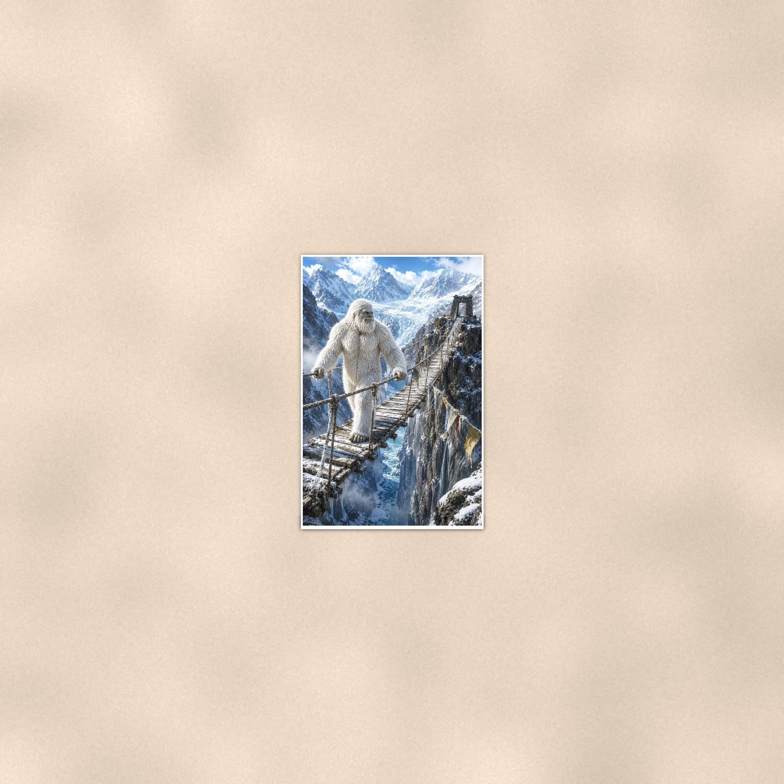 Rope Bridge Yeti — 24x36 in art print poster, premium luster paper with a white border; poster seen from further back, at true 24x36 in scale on a warm wall.
