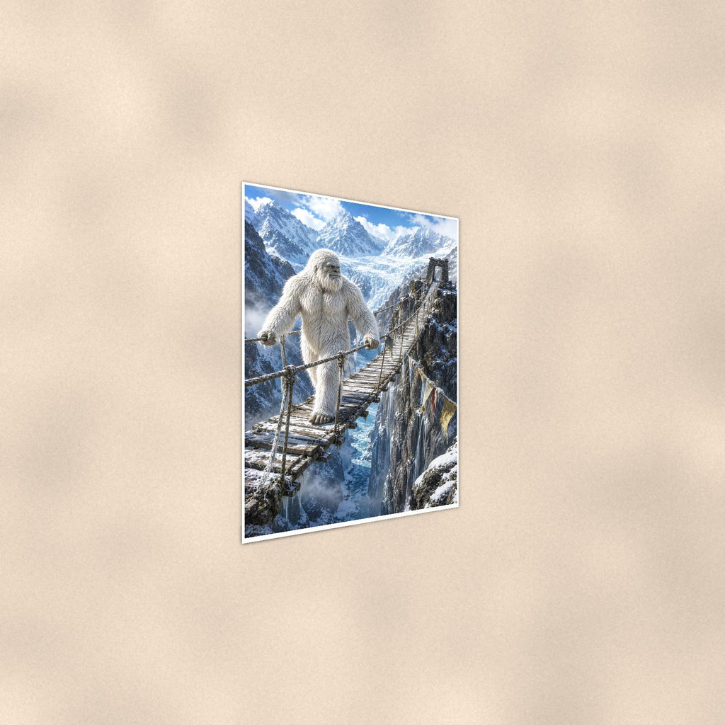 Rope Bridge Yeti — 24x36 in art print poster, premium luster paper with a white border; steeper three-quarter angle on a warm wall, catching the luster sheen.