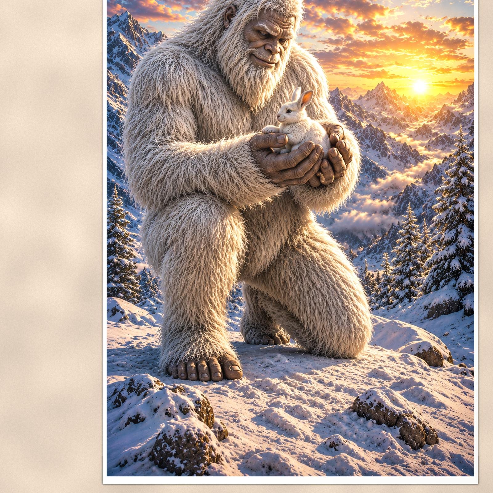 Gentle Yeti — 24x36 in art print poster, premium luster paper with a white border; close-up framed on the main subject of the artwork, paper surface visible.