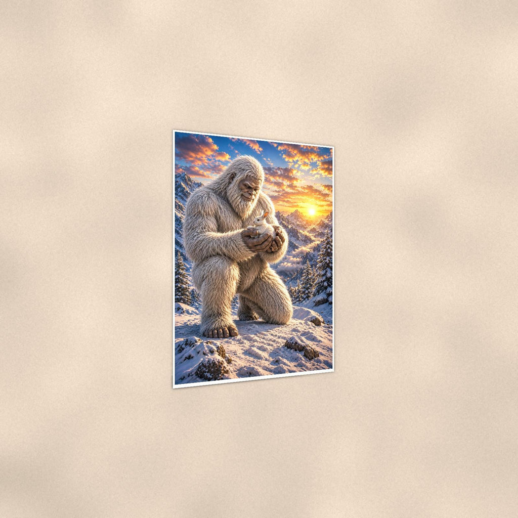 Gentle Yeti — 24x36 in art print poster, premium luster paper with a white border; gentle three-quarter angle on a warm wall, showing the flat paper edge.
