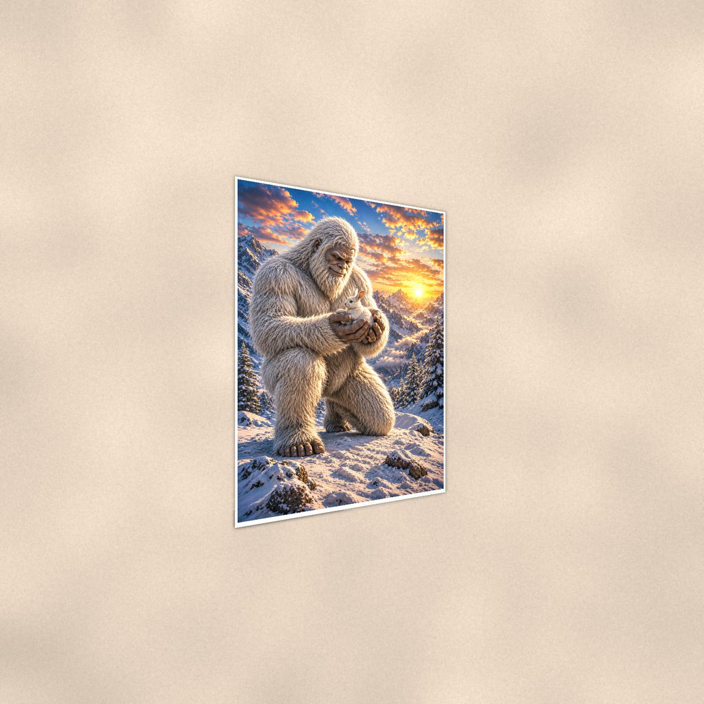 Gentle Yeti — 24x36 in art print poster, premium luster paper with a white border; steeper three-quarter angle on a warm wall, catching the luster sheen.