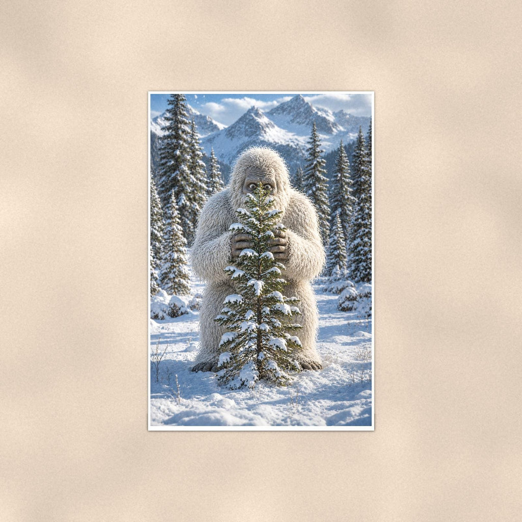 Tree Hug Yeti — 24x36 in art print poster, premium luster paper with a white border; poster shown straight on against a warm wall.