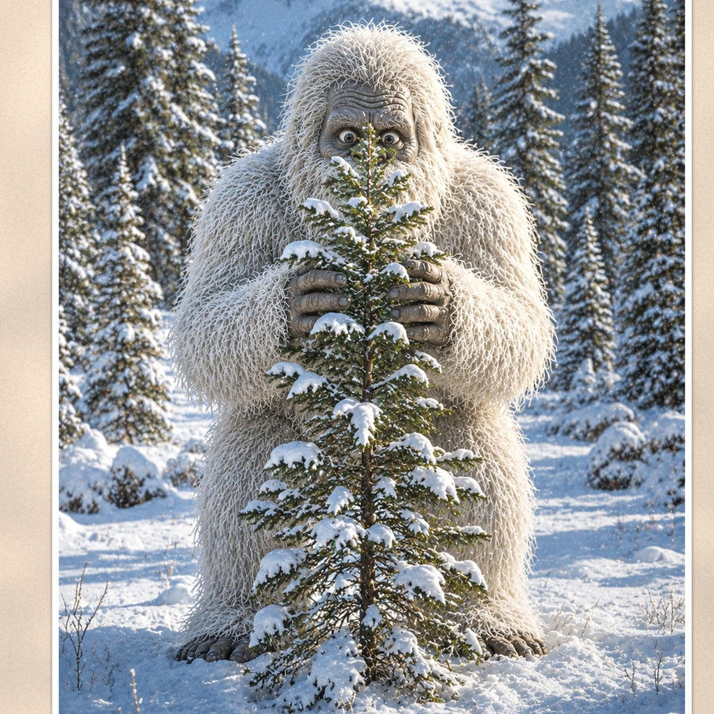 Tree Hug Yeti — 24x36 in art print poster, premium luster paper with a white border; close-up framed on the main subject of the artwork, paper surface visible.