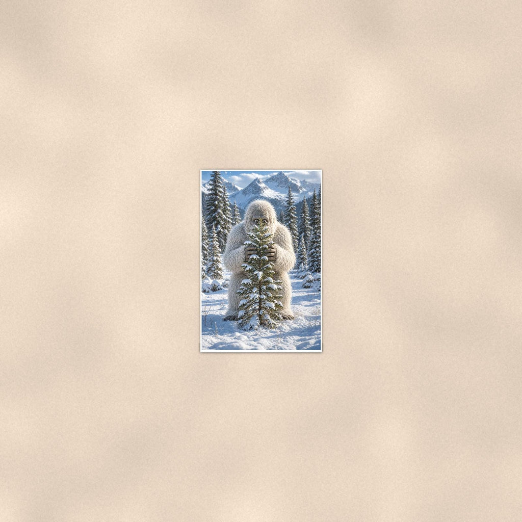 Tree Hug Yeti — 24x36 in art print poster, premium luster paper with a white border; poster seen from further back, at true 24x36 in scale on a warm wall.