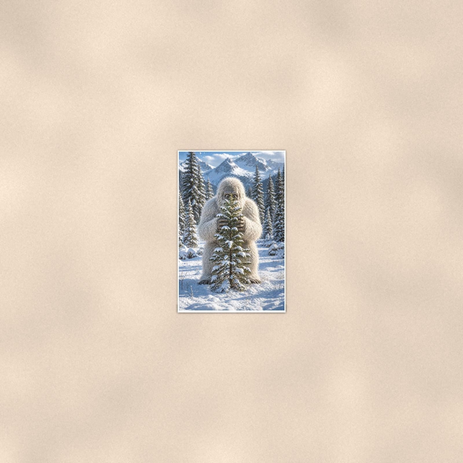 Tree Hug Yeti — 24x36 in art print poster, premium luster paper with a white border; poster seen from further back, at true 24x36 in scale on a warm wall.