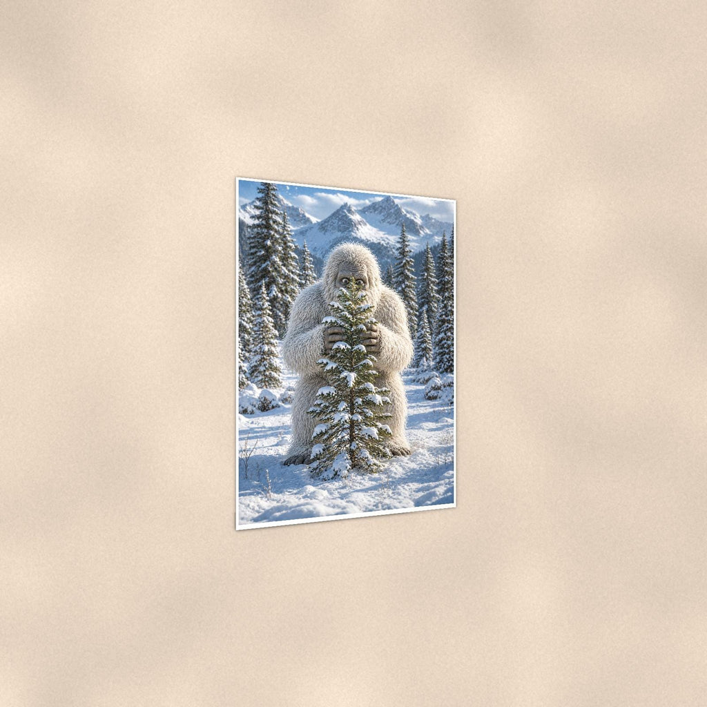 Tree Hug Yeti — 24x36 in art print poster, premium luster paper with a white border; gentle three-quarter angle on a warm wall, showing the flat paper edge.