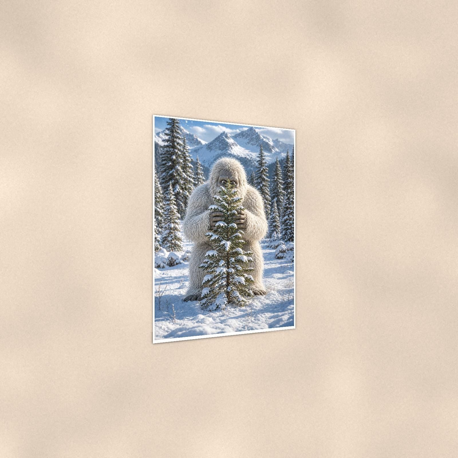 Tree Hug Yeti — 24x36 in art print poster, premium luster paper with a white border; gentle three-quarter angle on a warm wall, showing the flat paper edge.