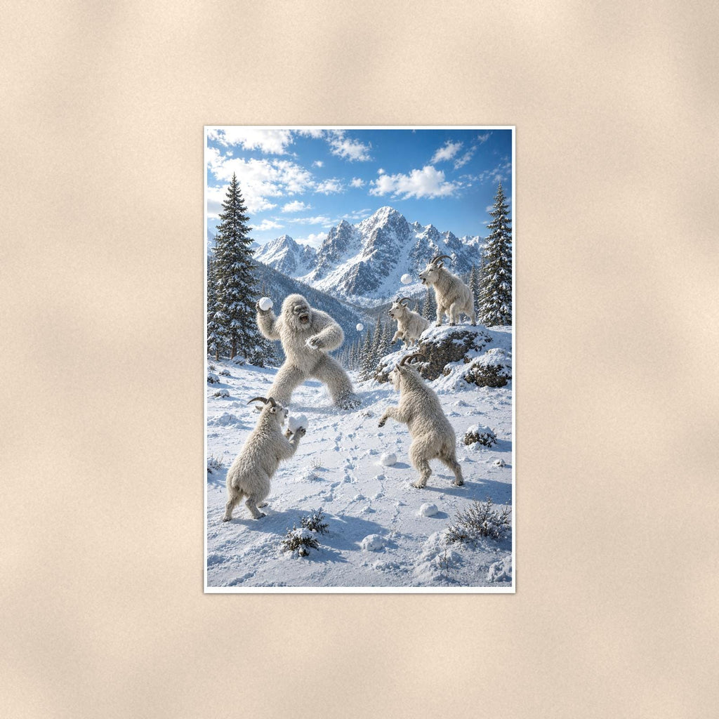 Snowball Fight Yeti — 24x36 in art print poster, premium luster paper with a white border; poster shown straight on against a warm wall.