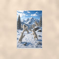 Snowball Fight Yeti — 24x36 in art print poster, premium luster paper with a white border; poster shown straight on against a warm wall.