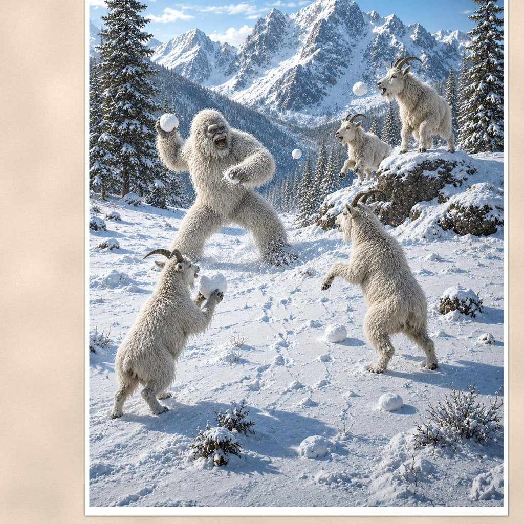 Snowball Fight Yeti — 24x36 in art print poster, premium luster paper with a white border; close-up framed on the main subject of the artwork, paper surface visible.