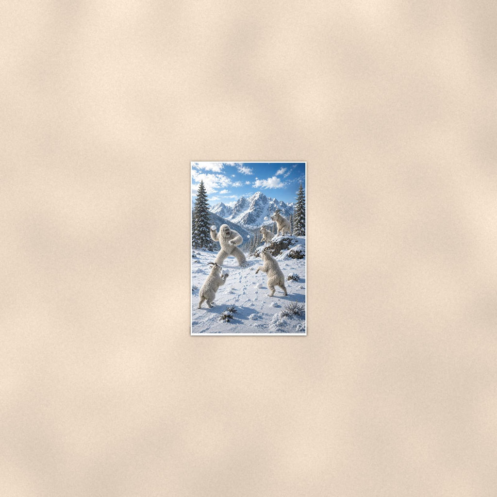 Snowball Fight Yeti — 24x36 in art print poster, premium luster paper with a white border; poster seen from further back, at true 24x36 in scale on a warm wall.