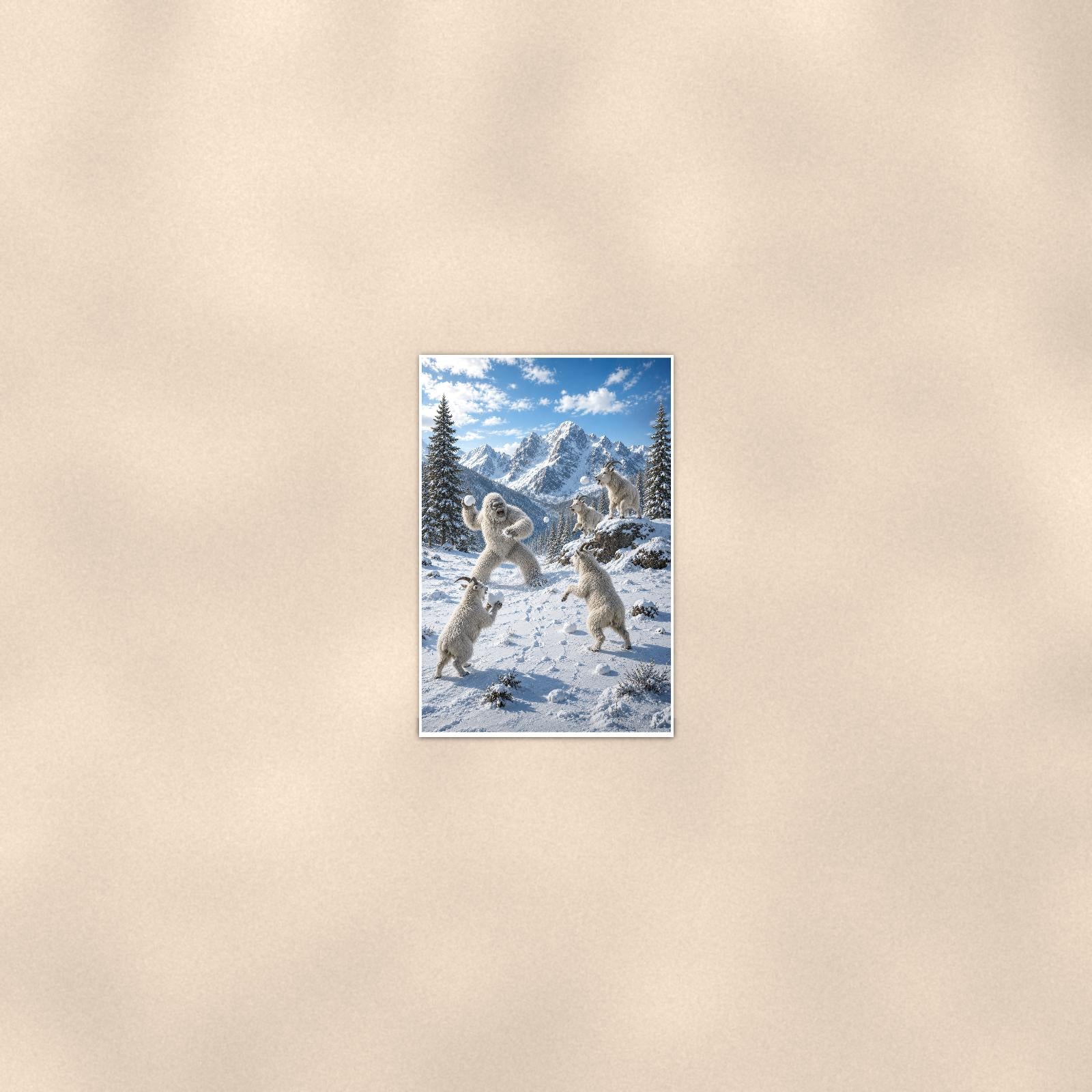 Snowball Fight Yeti — 24x36 in art print poster, premium luster paper with a white border; poster seen from further back, at true 24x36 in scale on a warm wall.