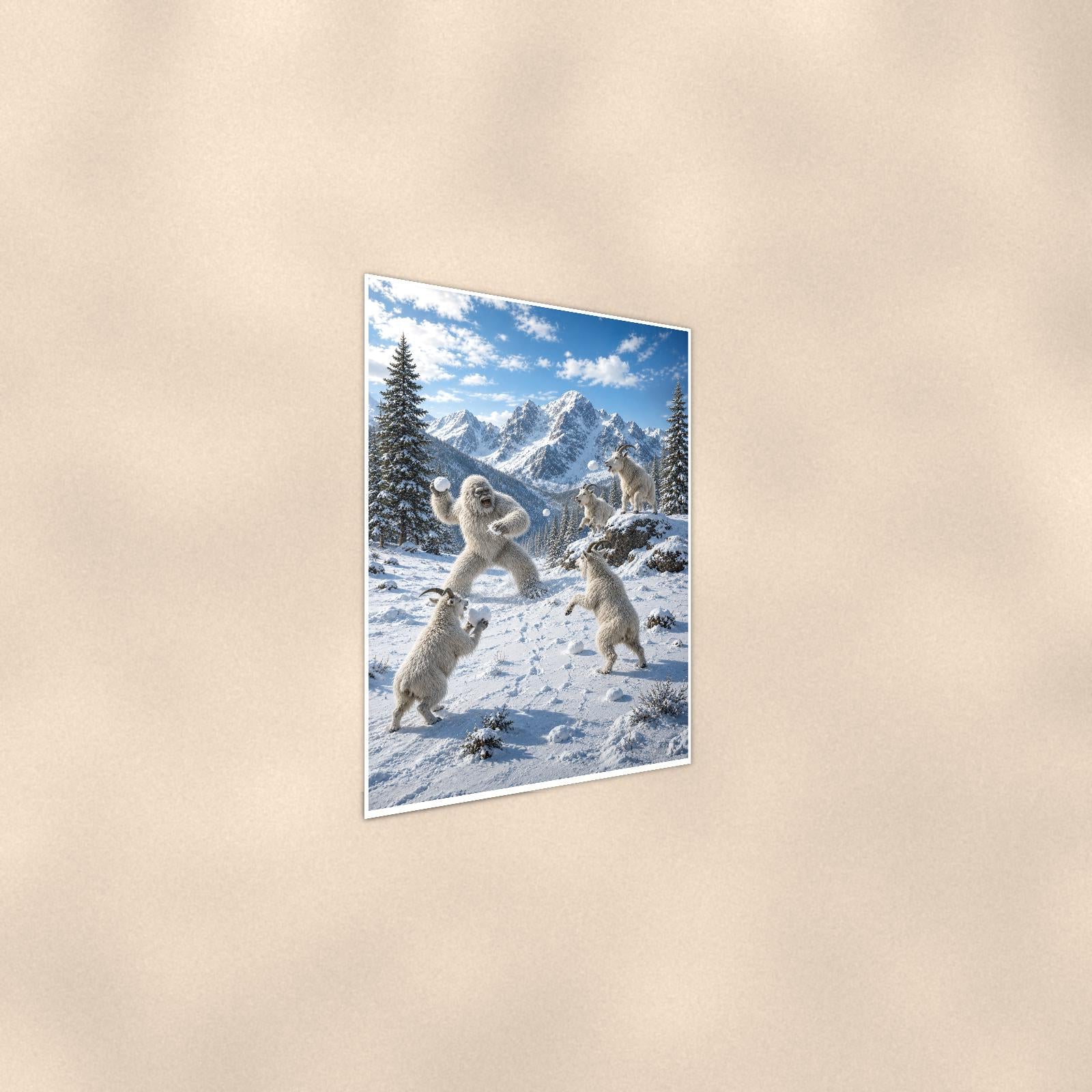 Snowball Fight Yeti — 24x36 in art print poster, premium luster paper with a white border; steeper three-quarter angle on a warm wall, catching the luster sheen.
