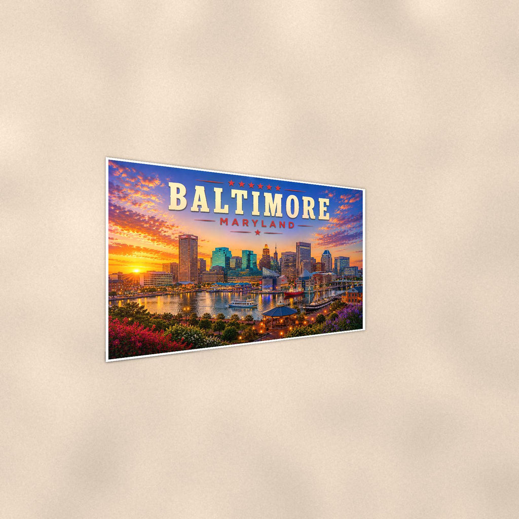 Baltimore Skyline — 36x24 in art print poster, premium luster paper with a white border; steeper three-quarter angle on a warm wall, catching the luster sheen.