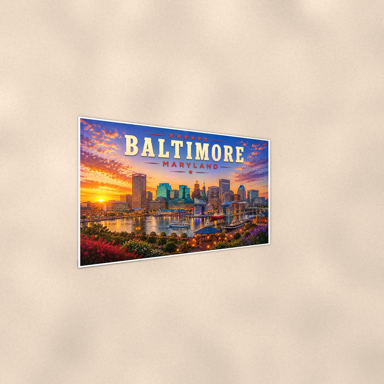 Baltimore Skyline — 36x24 in art print poster, premium luster paper with a white border; steeper three-quarter angle on a warm wall, catching the luster sheen.