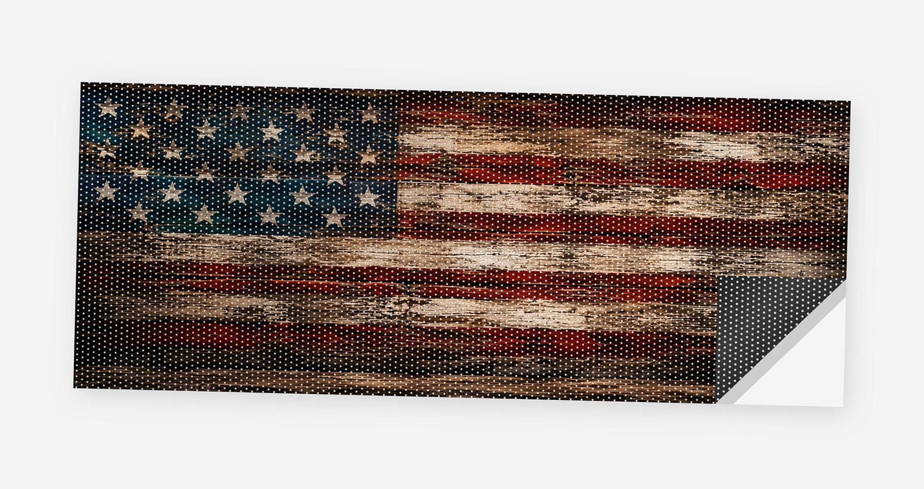 Distressed American Flag 68 x 18.5 inch perforated vinyl truck decal printed flat on white, corner folded up showing the perforation pattern and liner