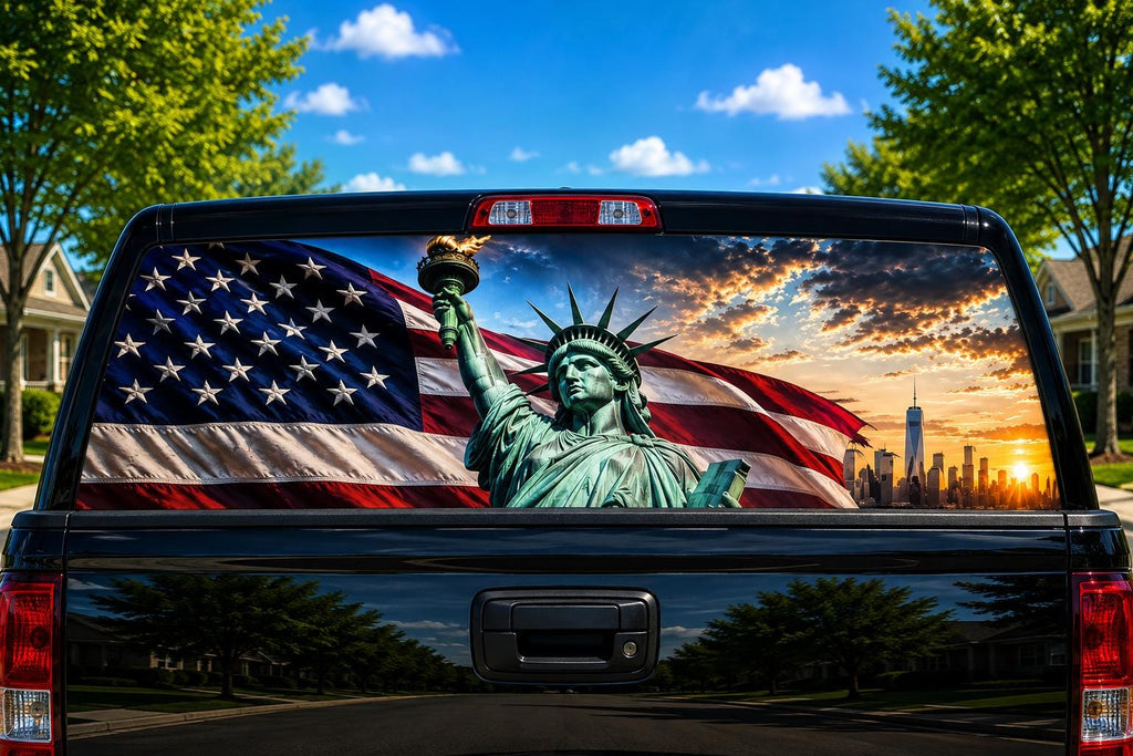 Statue of Liberty Flag Sunrise perforated rear-window decal installed on a pickup truck back glass