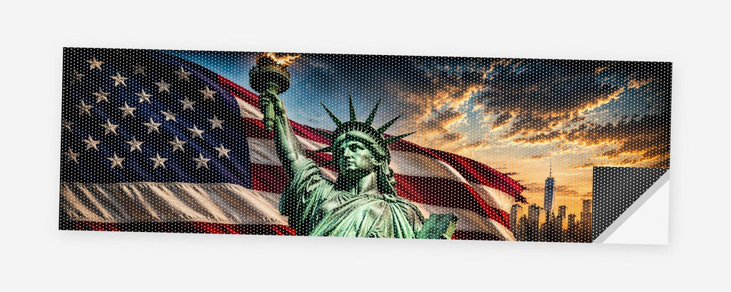 Statue of Liberty Flag Sunrise 68 x 18.5 inch perforated vinyl truck decal printed flat on white, corner folded up showing the perforation pattern and liner