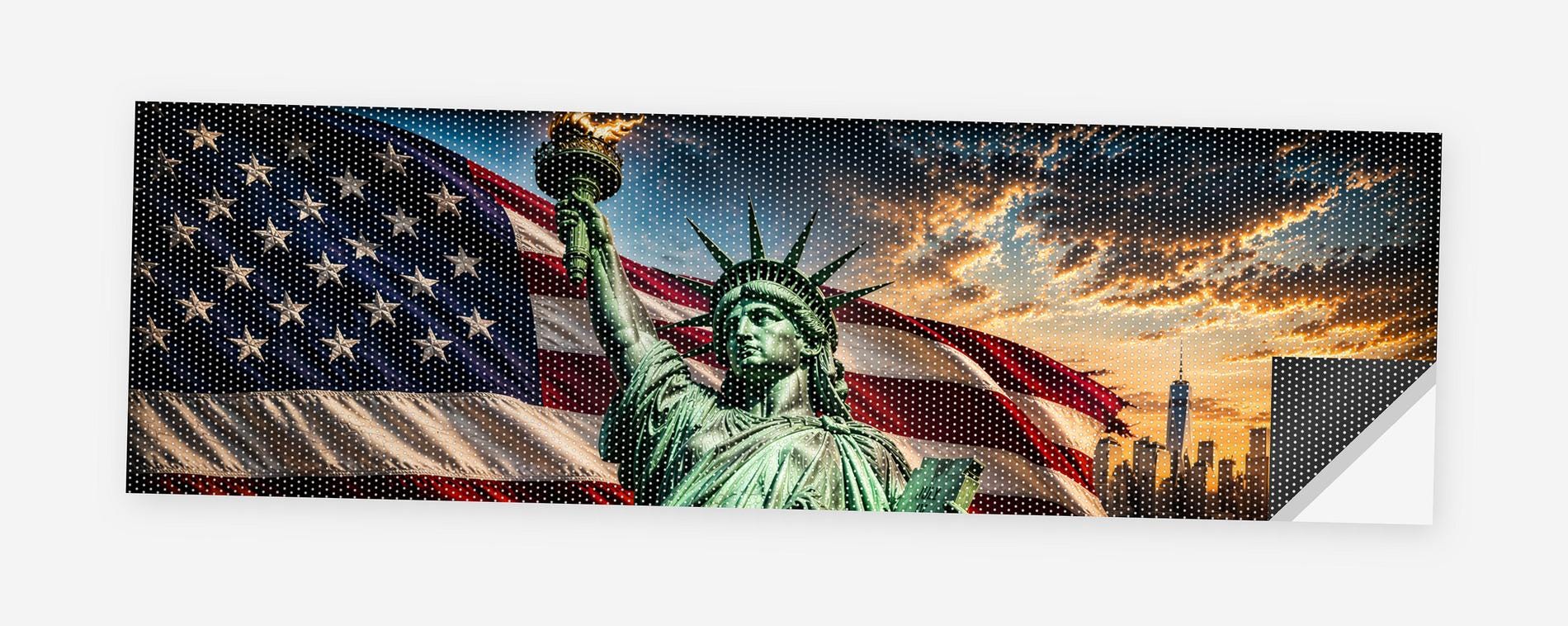 Statue of Liberty Flag Sunrise 68 x 18.5 inch perforated vinyl truck decal printed flat on white, corner folded up showing the perforation pattern and liner