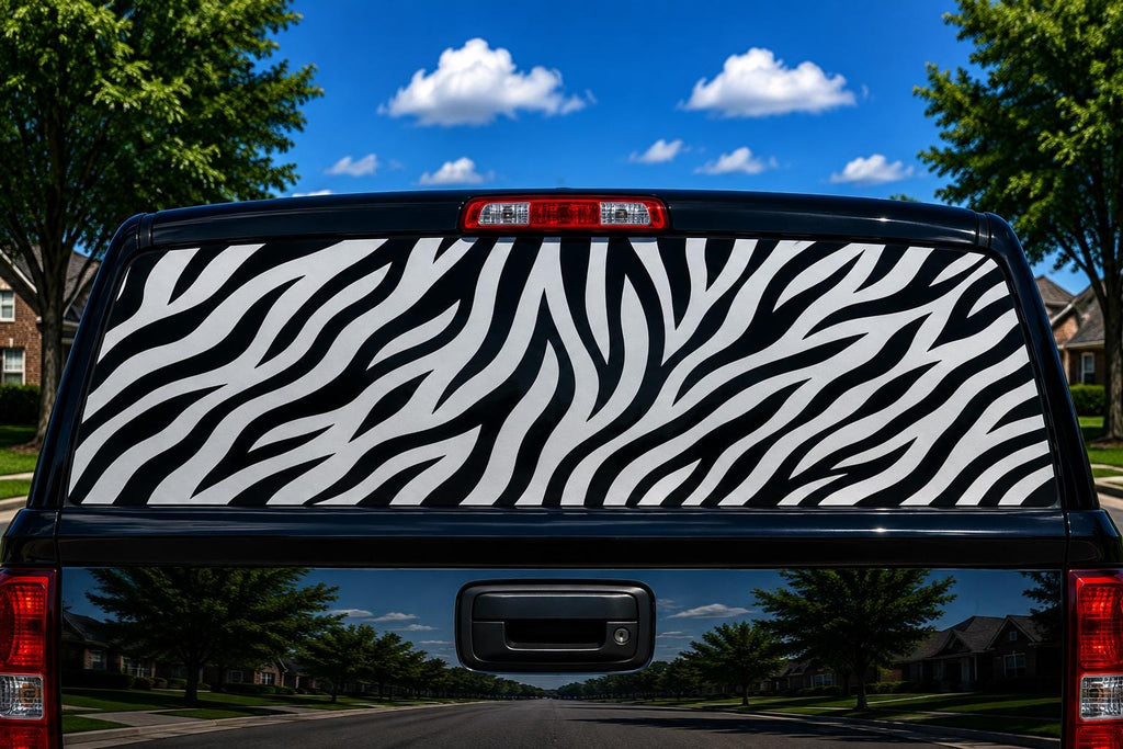 Zebra Print perforated rear-window decal installed on a pickup truck back glass