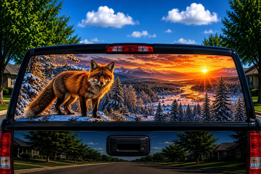 Winter Fox at Sunrise perforated rear-window decal installed on a pickup truck back glass