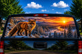 Winter Fox at Sunrise perforated rear-window decal installed on a pickup truck back glass