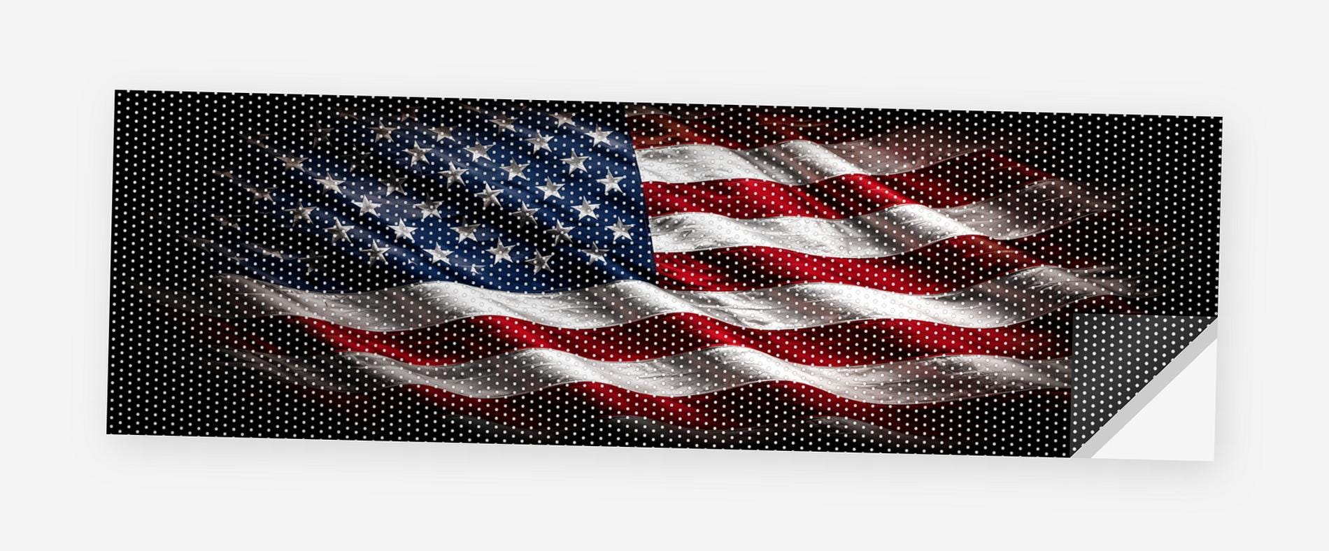 American Flag Wave on Black 68 x 18.5 inch perforated vinyl truck decal printed flat on white, corner folded up showing the perforation pattern and liner
